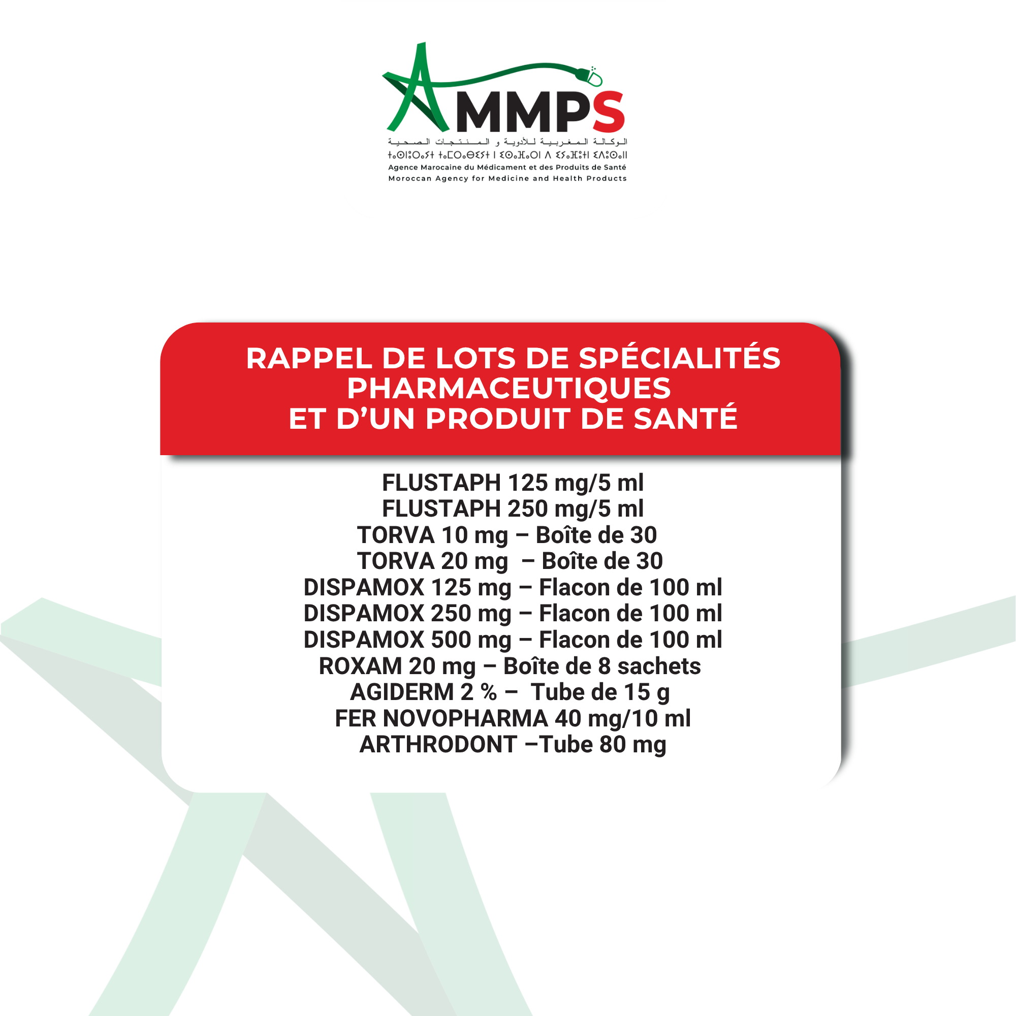 Communiqué officiel : Rappel de Lots de Spécialités Pharmaceutiques et d'un Produit de Santé