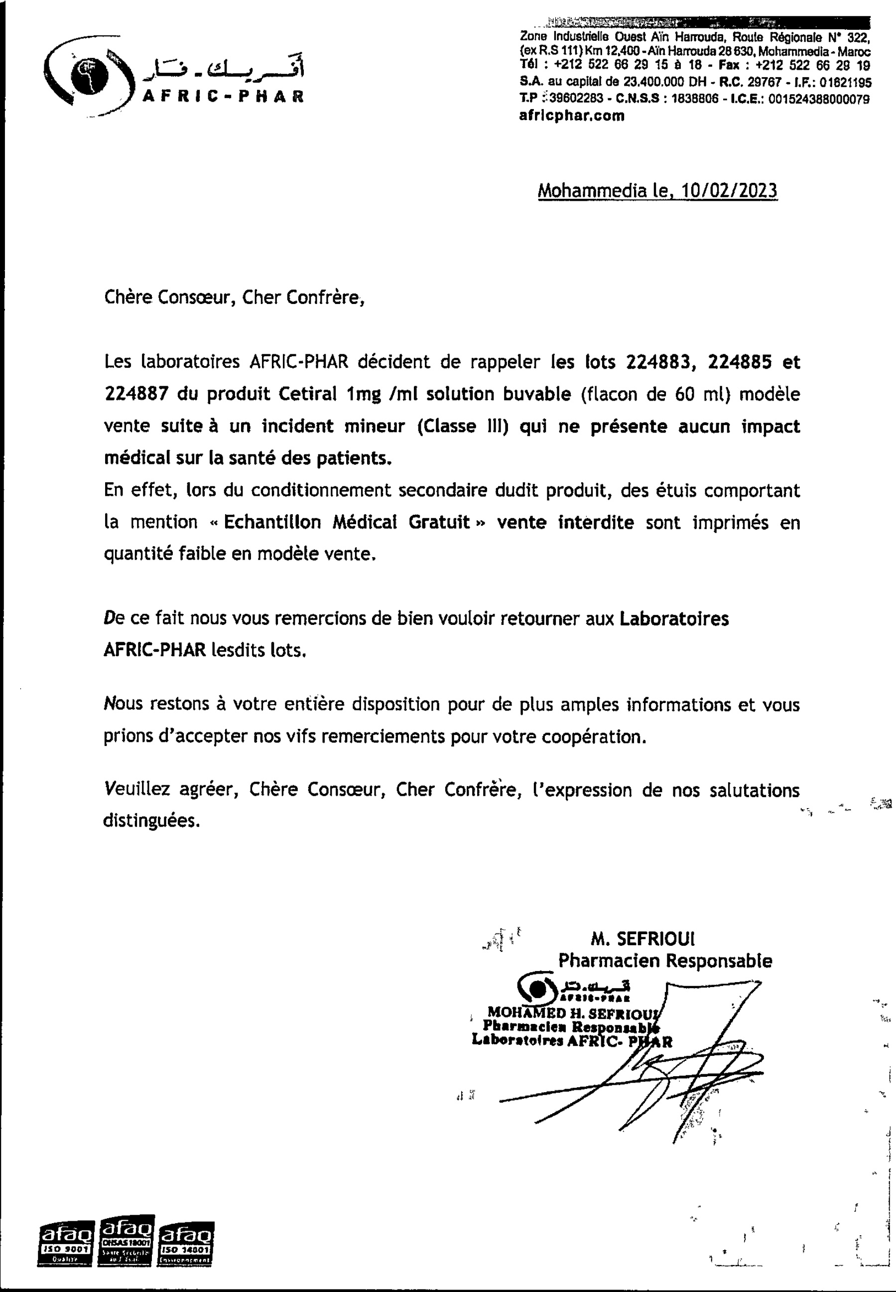Communiqué officiel : Rappel de Lot du produit Cetiral 1mg/ml solution buvable (flacon de 60 ml) ; Lots N°: 224883 , 224885 , 224887